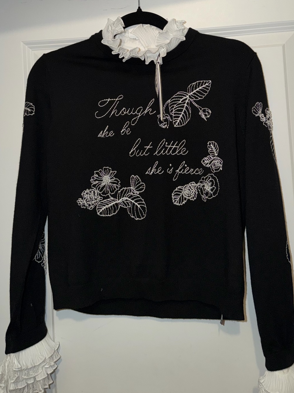 Alice + Olivia Black Sweatshirt with White Floral Embroidery & Ruffle Trim